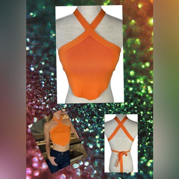 Princess Polly Orange Sculpt Knit Criss Cross Halter  Ribbed Cropped Tank Top - Picture 2 of 10